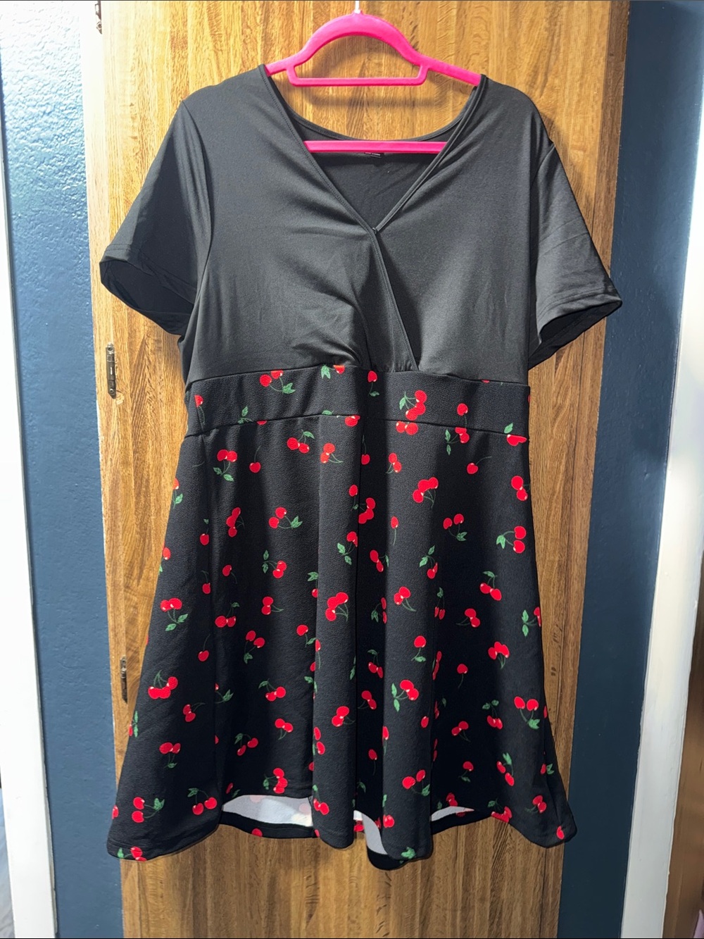 SHEIN Black Cherry Print Short Sleeve Fit-and-Flare Dress